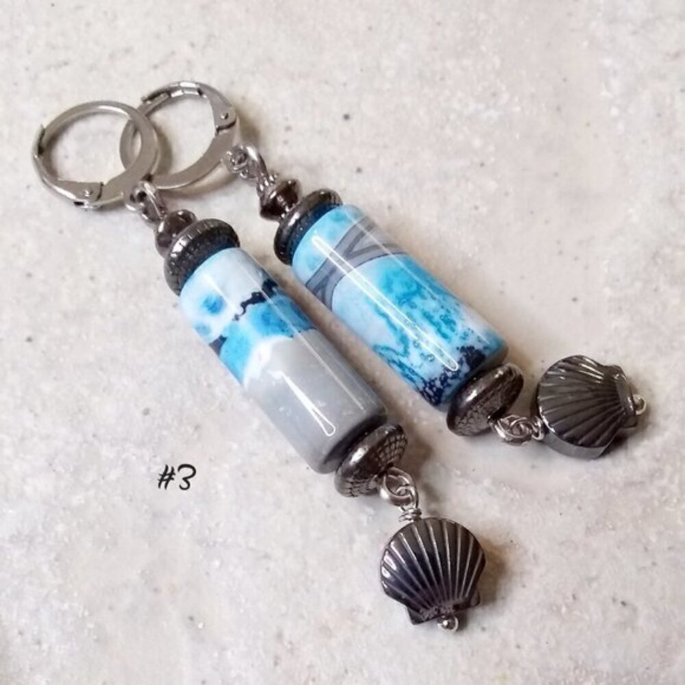 SURF'S UP! One-of-a-kind! Blue & Gray Agate + Hematite Shell Beaded Earrings